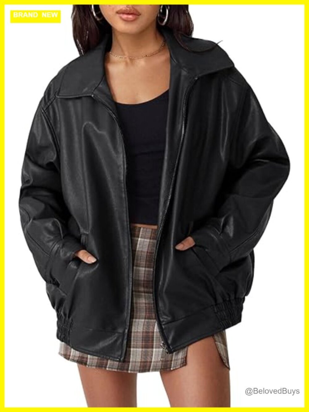 Oversized Faux Leather Zip Up Motorcycle Jacket Bomber Coat